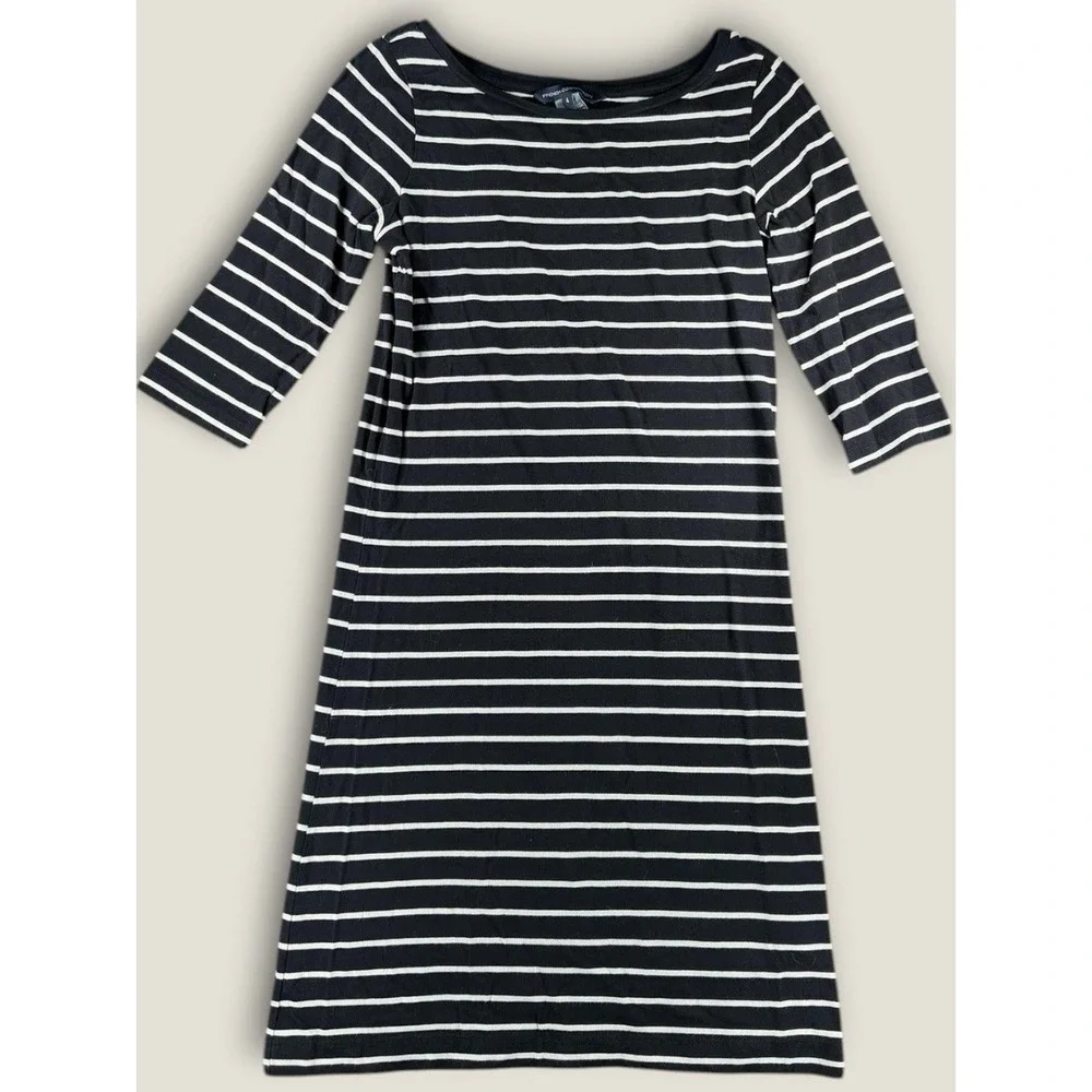 french connection striped shirt dress French Connection Striped T-Shirt Dress Size 4 Black White‎ Cotton 3/4  Sleeve